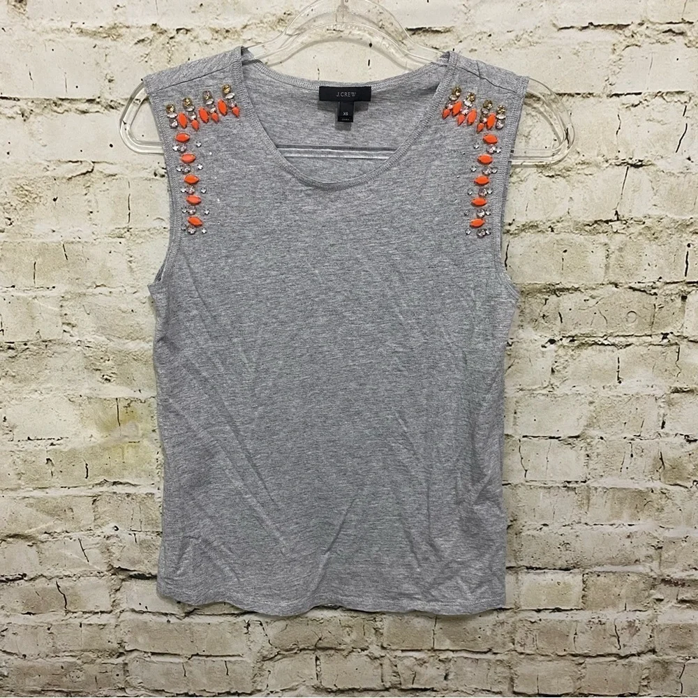 J Crew Gray Orange Jewel Embellished Cotton Tank Top